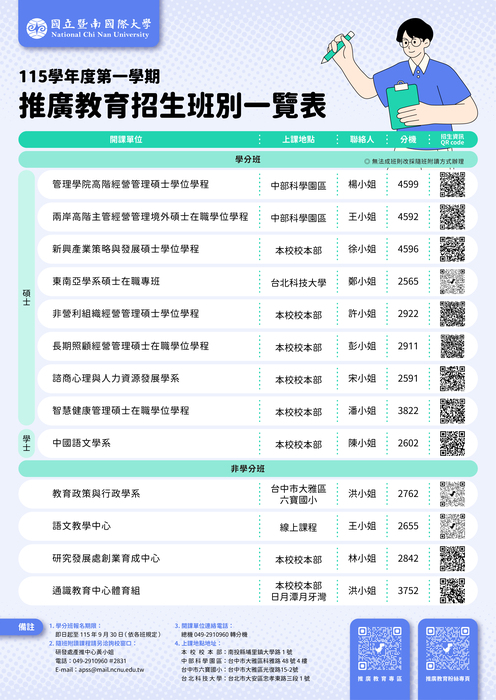 國立暨南國際大學校115學年度第1學期推廣教育課程招生海報圖片